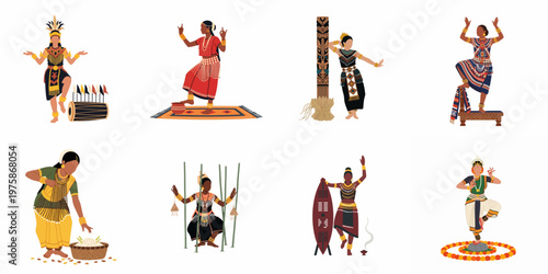 Vector Illustration Set of Women in Diverse Traditional Costumes Performing Cultural Dances and Rituals from Around the World