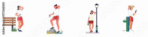 Collection of flat vector illustrations depicting exhausted women athletes taking a break and wiping sweat after outdoor exercise and running sessions.