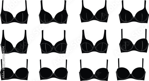 Set of women's bra silhouettes and lingerie underwear icons, various female brassiere styles fashion collection vector illustration isolated on a white background