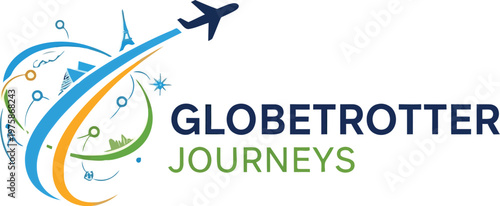 A logo for Globetrotter Journeys featuring a stylized globe with an airplane flying around it