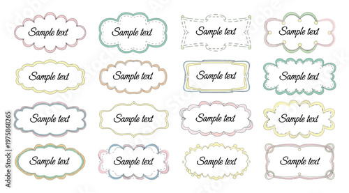 Set of colorful hand drawn frames and speech bubbles with sample text