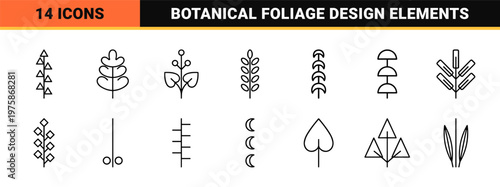Minimalist botanical branch and leaf outline icon set