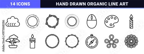 Minimalist zen ink brush circles and textured round frame icon set
