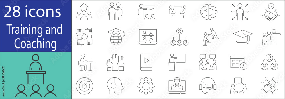 Obraz premium Collection of coaching and training icons including teacher, presentation, teamwork, goal setting, and personal development elements, ideal for business and education design.