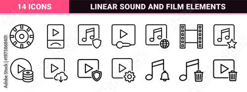 Minimalist audio and video editing interface line icons