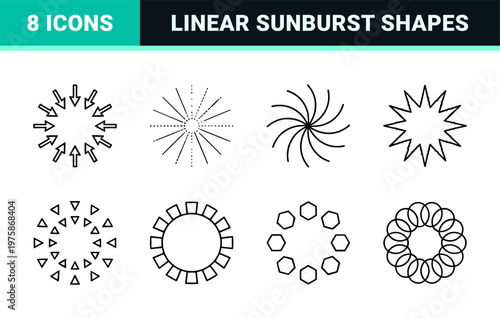 Minimalist radial sunburst and starburst line icon set