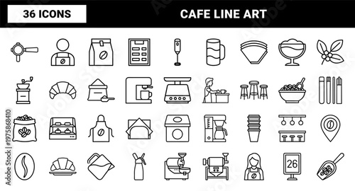 Minimalist coffee shop and cafe line icons set
