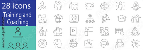Collection of coaching and training icons including teacher, presentation, teamwork, goal setting, and personal development elements, ideal for business and education design.