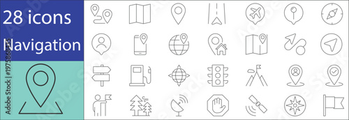 Navigation icon set featuring location, map, compass, direction arrows, and GPS symbols in modern flat vector style for web and mobile applications.