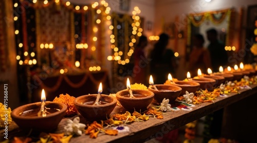 Traditional clay oil lamps lit for diwali festival celebration