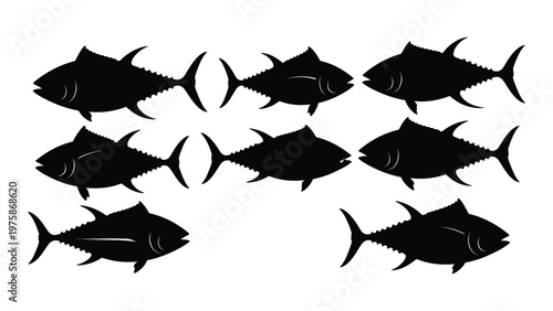 A group of black silhouettes depicting tuna fish swimming in various directions