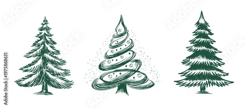 Christmas green trees set on white