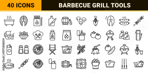 Minimalist barbecue and grill line icon set for outdoor cooking