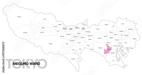 [日本地図] 東京都目黒区の市区町村名入り位置地図 (英語)