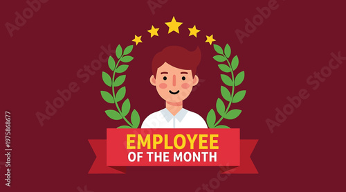 Employee of the month award concept with cartoon character and laurel wreath