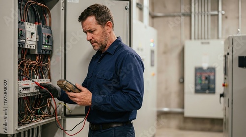 Professional electrician testing an electrical panel with a multimeter and probes inside an industrial distribution cabinet white man in work uniform. Industrial power distribution room with control