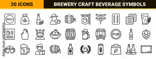 Minimalist brewery and pub linear icons with beer mugs and snacks