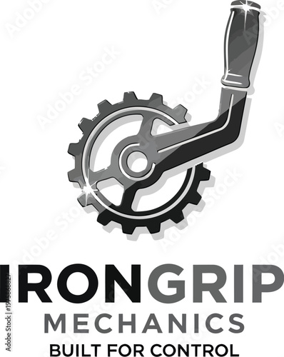 A logo for IronGrip Mechanics featuring a gear and lever on a white background
