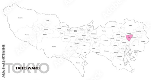 [日本地図] 東京都台東区の市区町村名入り位置地図 (英語)
