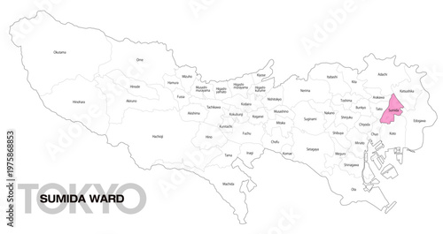 [日本地図] 東京都墨田区の市区町村名入り位置地図 (英語)