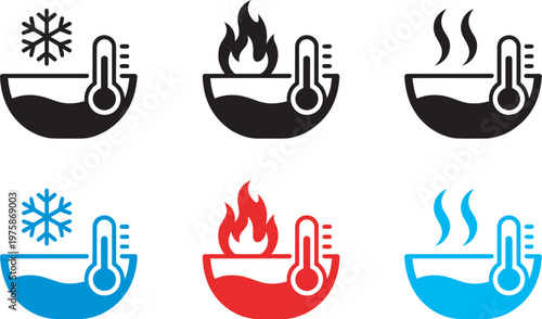 Hot and cold water icon set, still and boiled water symbol, bath temperature sign, snow fire steam illustration, basin thermometer icon, warm cool bath concept