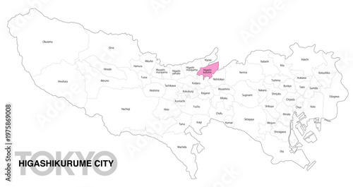 [日本地図] 東京都東久留米市の市区町村名入り位置地図 (英語)