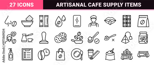 Cafe and coffee shop minimalist outline icon set