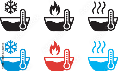 Hot and cold water icon set, still and boiled water symbol, bath temperature sign, snow fire steam illustration, basin thermometer icon, warm cool bath concept