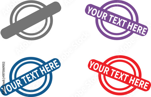 Four colorful customizable circular stamps with text