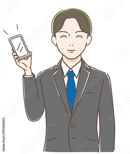 スマホ 画面提示 ビジネス 男性 スーツ 案内 紹介 笑顔 若い男性 ベクター
(Business man in suit showing smartphone screen guide presentation vector)