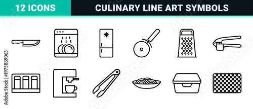 Minimalist kitchen and cooking tools line icon set