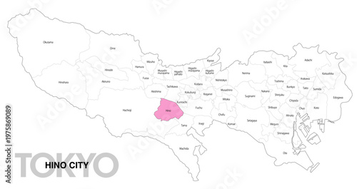 [日本地図] 東京都日野市の市区町村名入り位置地図 (英語)