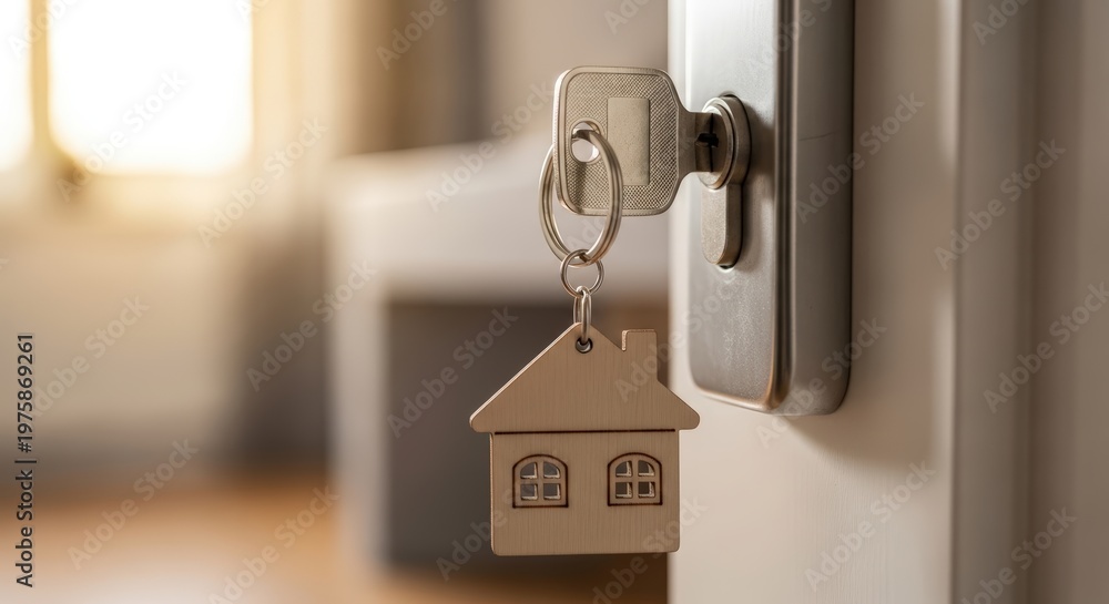 Naklejka premium Key in door lock with house keychain home security access concept