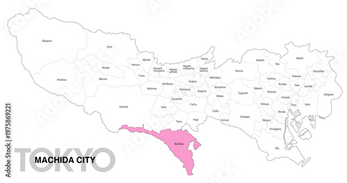 [日本地図] 東京都町田市の市区町村名入り位置地図 (英語)