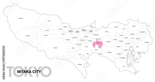 [日本地図] 東京都三鷹市の市区町村名入り位置地図 (英語)