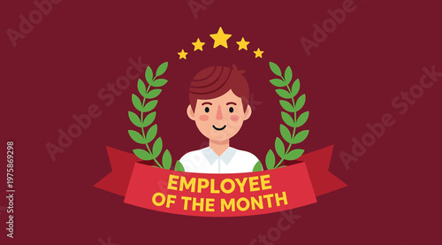 Employee of the month award badge with cartoon character and laurel wreath