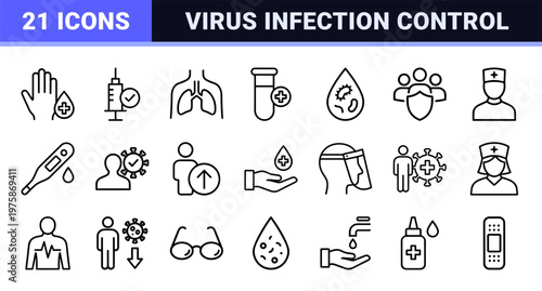 Medical virology and infection control line icons set