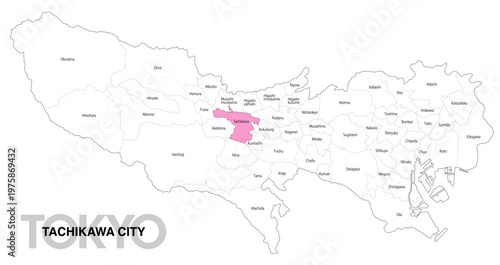 [日本地図] 東京都立川市の市区町村名入り位置地図 (英語)