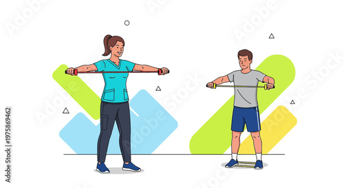 Two people exercising with resistance bands, demonstrating physical therapy and fitness