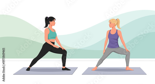 Two women practicing yoga warrior pose on mats, healthy lifestyle, fitness, wellness