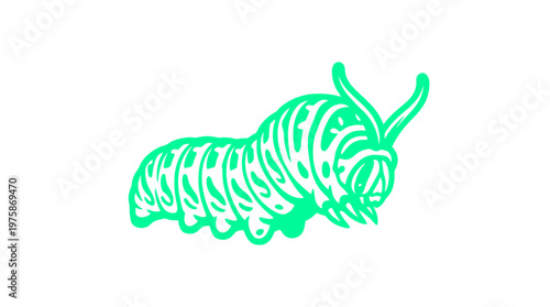 Grüne stilisierte Raupe mit Fühlern auf weißem Hintergrund, eine detaillierte Illustration eines Insekts.