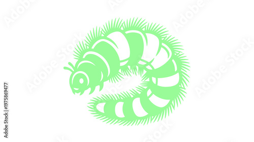 Leuchtend grüne Raupe mit pelzigem Körper, die sich auf weißem Hintergrund krümmt und leuchtet.