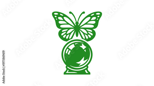 Butterfly and crystal ball icon. A green butterfly rests atop a sparkling glass fortune teller's sphere. Minimalist vector illustration for magic, future, and transformation concepts.