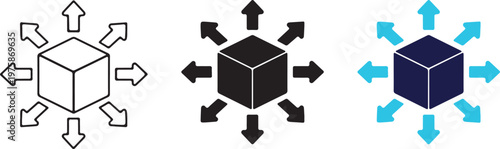 Product distribution icon for logistics and supply flow. shipping, warehouse management, fulfillment and scalable product distribution for business and ecommerce use. Cube with arrows for delivery,