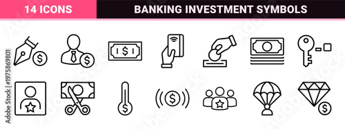 Minimalist finance and investment outline icon set for banking apps