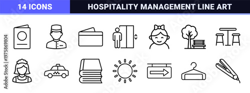 Hospitality and hotel service outline icon collection for travel and tourism