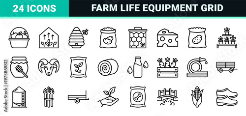 Agriculture and farming thin line icons for organic food and rural life