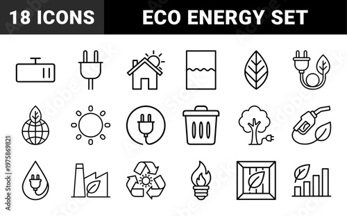 Sustainable energy and ecology line icons set