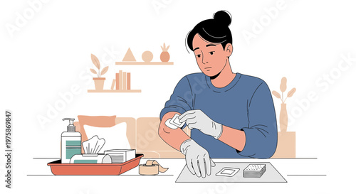 Woman Applying Bandage to Arm Wound with First Aid Kit