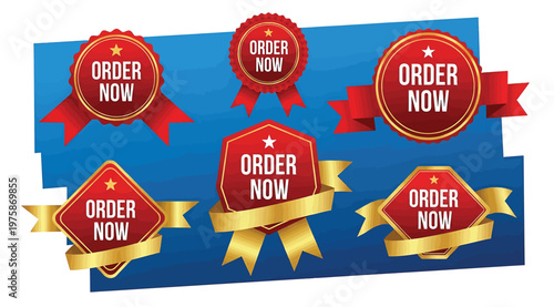 Set of order now promotional badges and stickers with red and gold ribbons